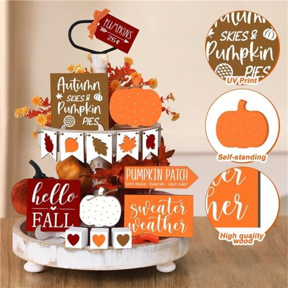 15 Pcs Fall Tiered Tray Decor Set Fall Decorations for Home Autumn Wood Signs - Picture 5 of 7